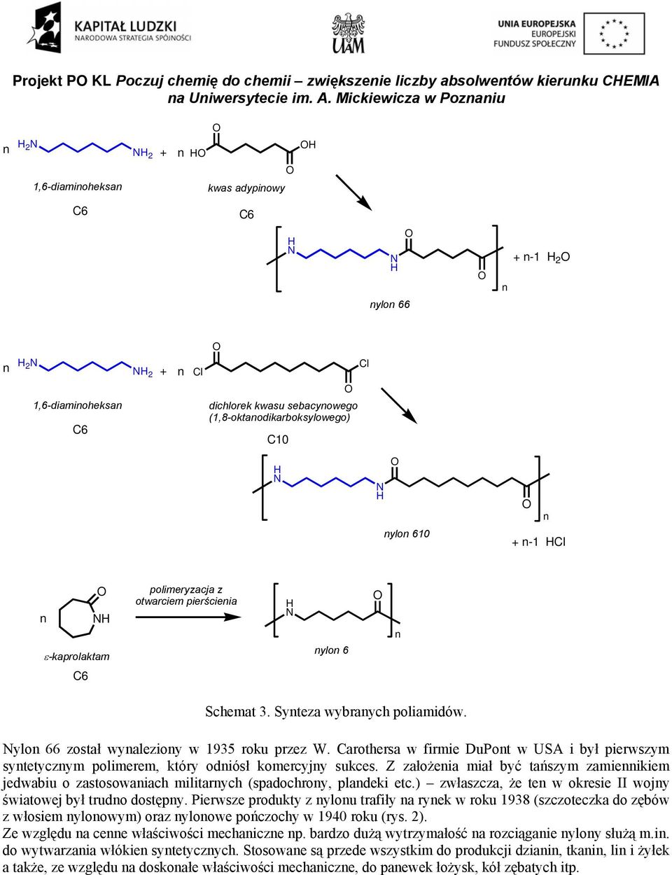 polimeryzacja z otwarciem pierścieia ylo 6 C6 Schemat 3. Syteza wybraych poliamidów. ylo 66 został wyalezioy w 1935 roku przez W.