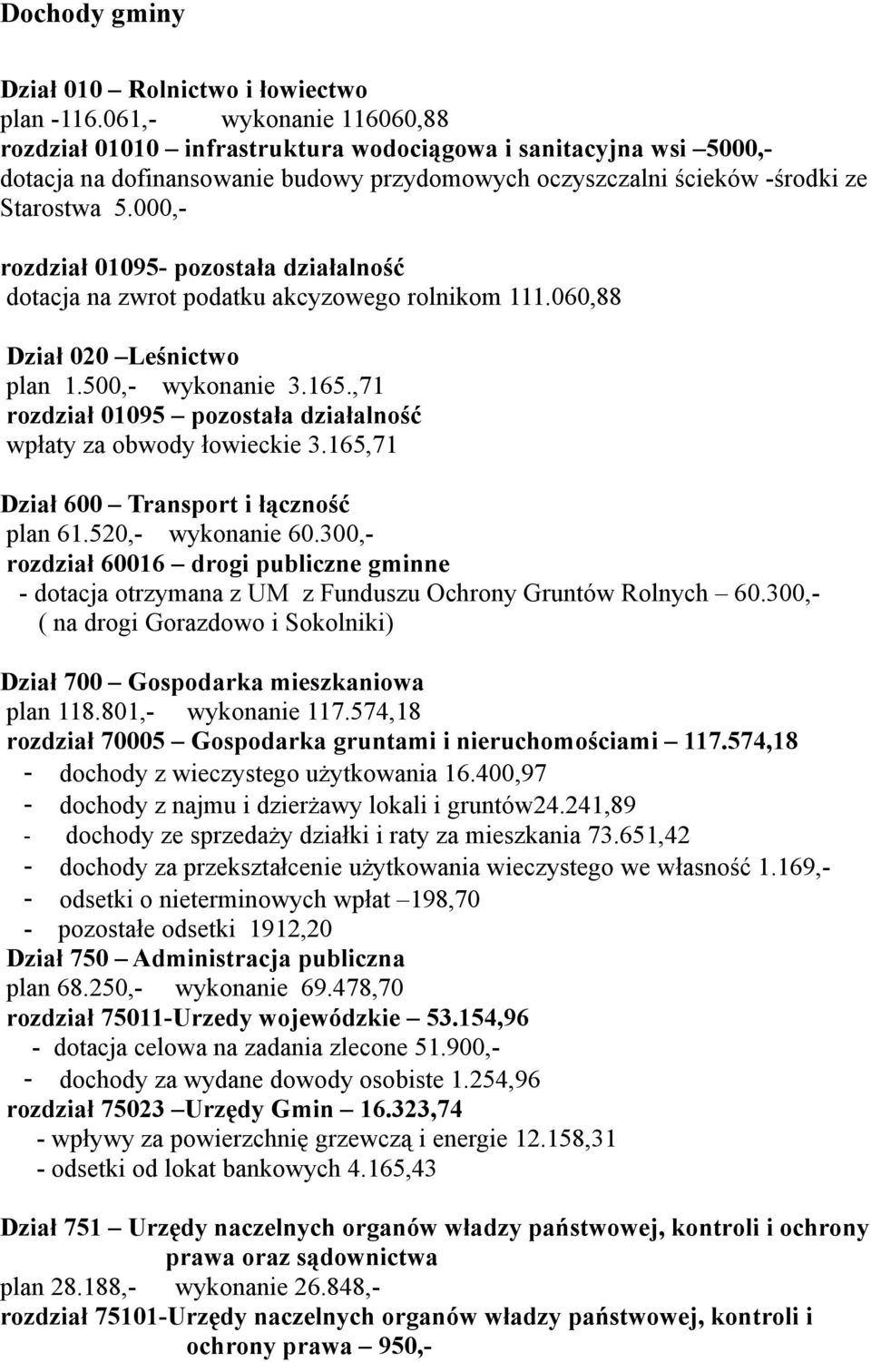 000,- rozdział 01095- pozostała działalność dotacja na zwrot podatku akcyzowego rolnikom 111.060,88 Dział 020 Leśnictwo plan 1.500,- wykonanie 3.165.