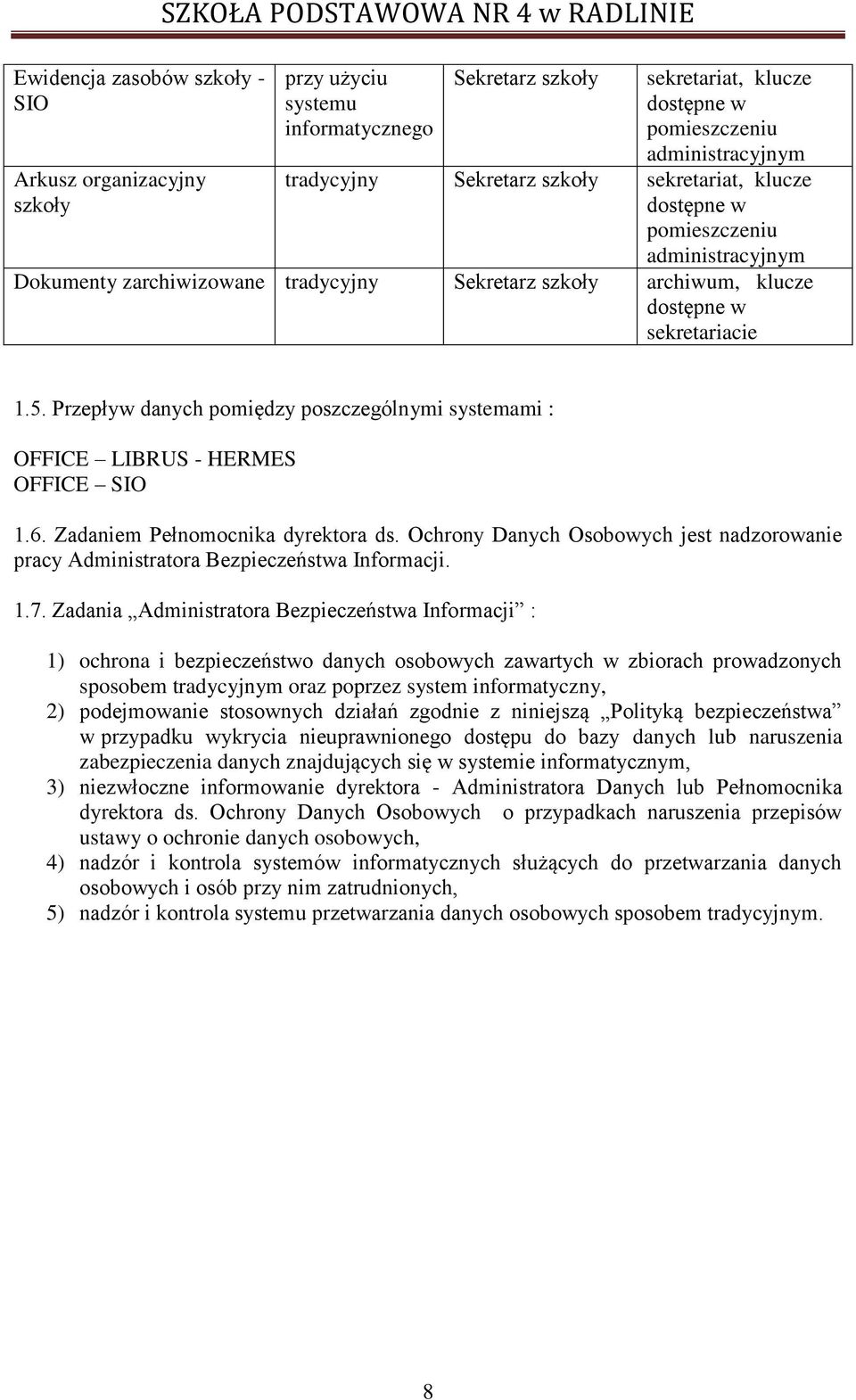 Zadaniem Pełnomocnika dyrektora ds. Ochrony Danych Osobowych jest nadzorowanie pracy Administratora Bezpieczeństwa Informacji. 1.7.