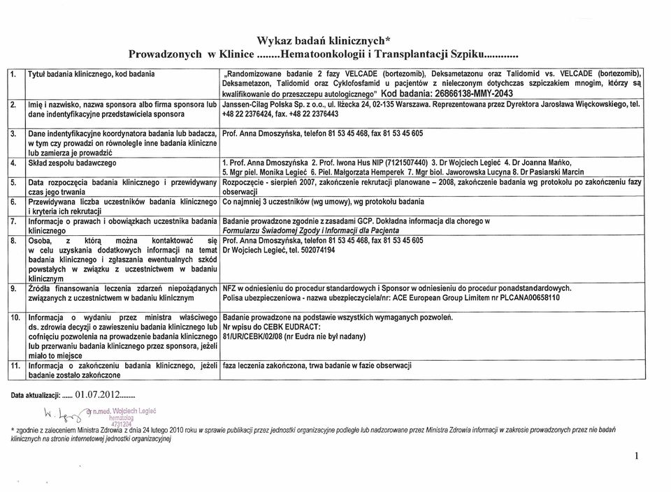 VELCADE (bortezomib), Deksametazon, Talidomid oraz Cyklofosfamid u pacjentów z nieleczonym dotychczas szpiczakiem mnogim, którzy są kwalifikowanie do przeszczepu autologicznego" Kod badania: