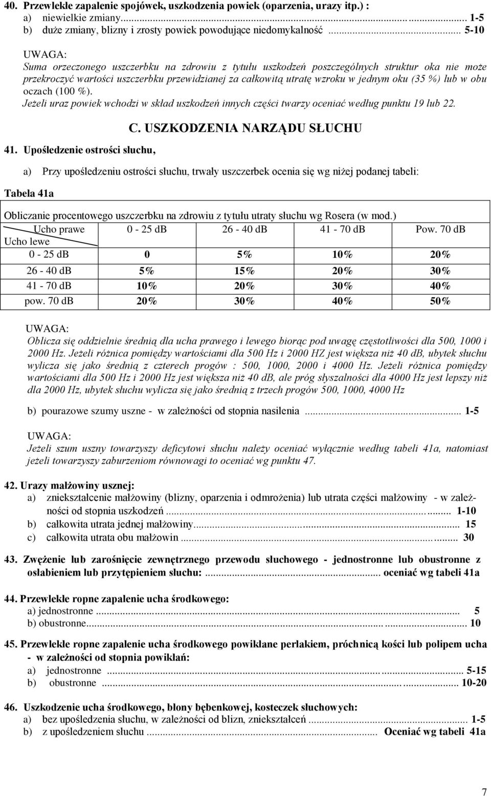 w obu oczach (100 %). Jeżeli uraz powiek wchodzi w skład uszkodzeń innych części twarzy oceniać według punktu 19 lub 22. 41. Upośledzenie ostrości słuchu, C.