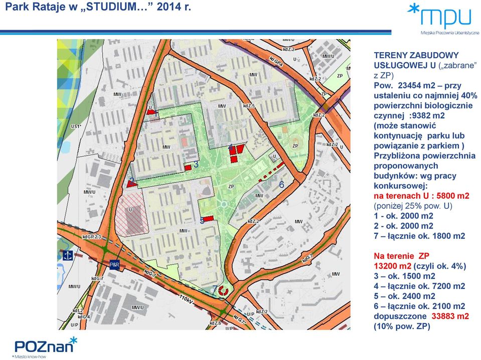 parkiem ) Przybliżona powierzchnia proponowanych budynków: wg pracy konkursowej: na terenach U : 5800 m2 (poniżej 25% pow. U) 1 - ok.