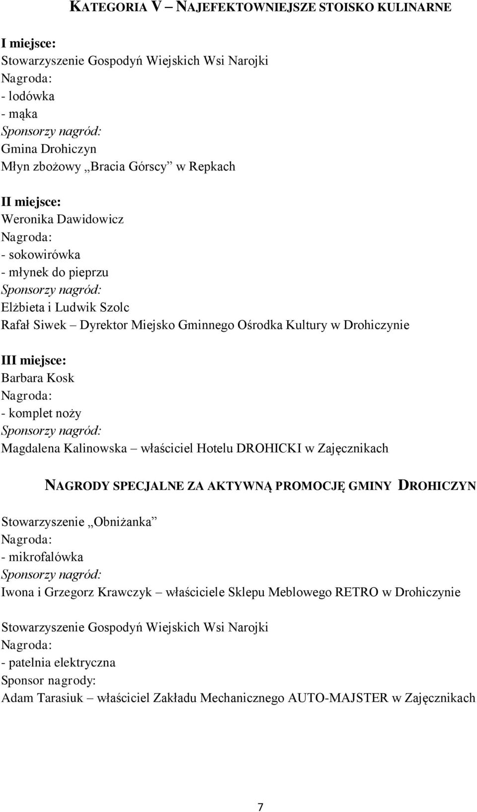 DROHICKI w Zajęcznikach NAGRODY SPECJALNE ZA AKTYWNĄ PROMOCJĘ GMINY DROHICZYN Stowarzyszenie Obniżanka - mikrofalówka Iwona i Grzegorz Krawczyk właściciele Sklepu