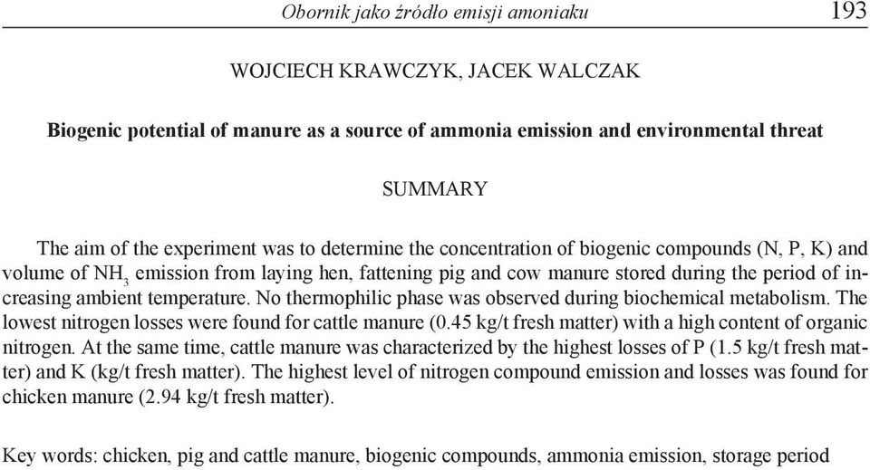 No thermophilic phase was observed during biochemical metabolism. The lowest nitrogen losses were found for cattle manure (0.45 kg/t fresh matter) with a high content of organic nitrogen.
