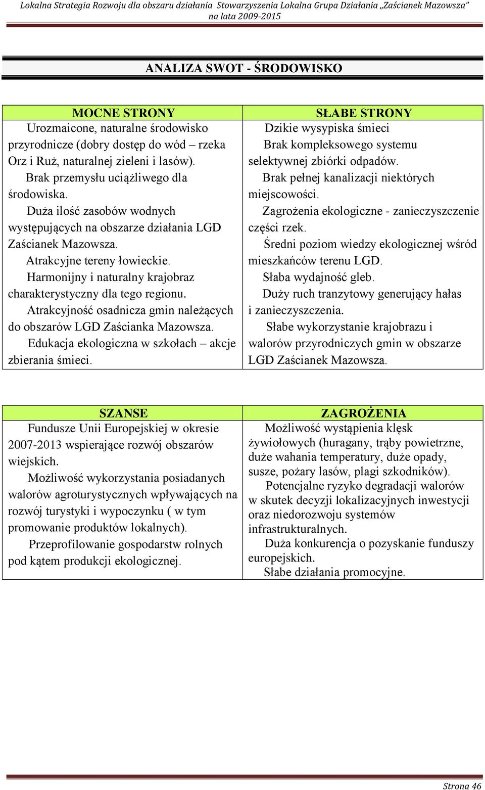 4. 5. Zagrożenia ekologiczne - zanieczyszczenie części rzek. Średni poziom wiedzy ekologicznej wśród 4. Atrakcyjne tereny łowieckie. mieszkańców terenu LGD. 5. Harmonijny i naturalny krajobraz charakterystyczny dla tego regionu.