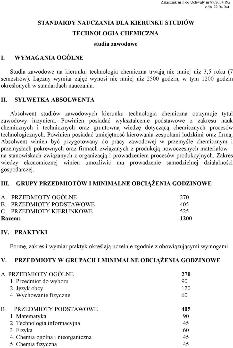 Łączny wymiar zajęć wynosi nie mniej niż 2500 godzin, w tym 1200 godzin określonych w standardach nauczania. II.