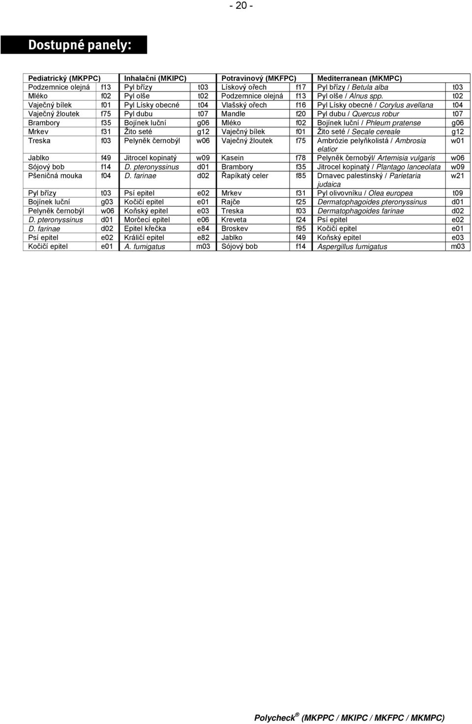 t02 Vaječný bílek f01 Pyl Lísky obecné t04 Vlašský ořech f16 Pyl Lísky obecné / Corylus avellana t04 Vaječný žloutek f75 Pyl dubu t07 Mandle f20 Pyl dubu / Quercus robur t07 Brambory f35 Bojínek