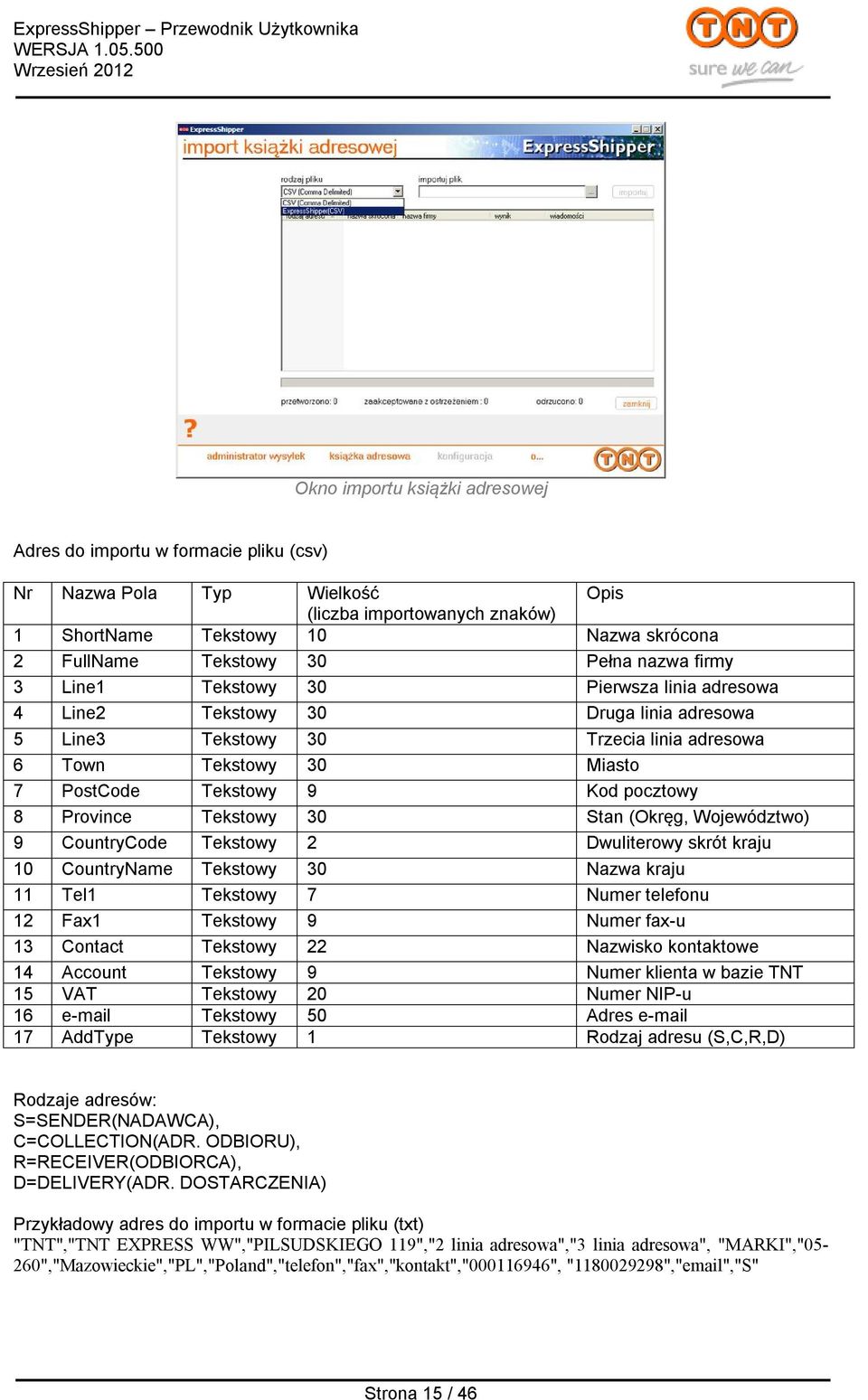 pocztowy 8 Province Tekstowy 30 Stan (Okręg, Województwo) 9 CountryCode Tekstowy 2 Dwuliterowy skrót kraju 10 CountryName Tekstowy 30 Nazwa kraju 11 Tel1 Tekstowy 7 Numer telefonu 12 Fax1 Tekstowy 9