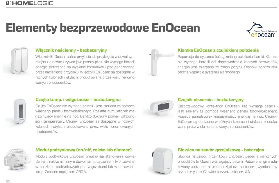 Włączniki EnOcean są dostępne w różnych kolorach i stylach, produkowane przez wielu renomowanych producentów. Klamka EnOcean z czujnikiem położenia Raportuje do systemu każdą zmianę położenia klamki.