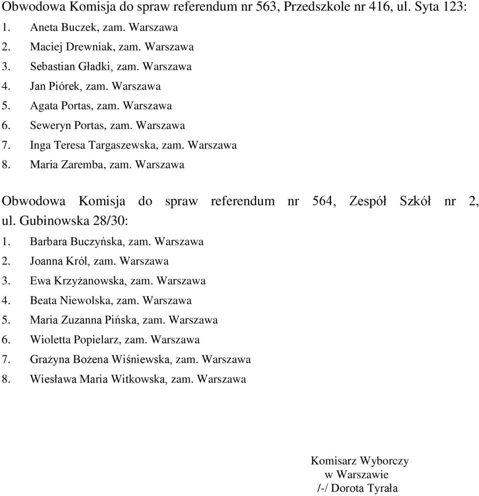Warszawa Obwodowa Komisja do spraw referendum nr 564, Zespół Szkół nr 2, 1. Barbara Buczyńska, zam. Warszawa 2. Joanna Król, zam. Warszawa 3. Ewa Krzyżanowska, zam. Warszawa 4.