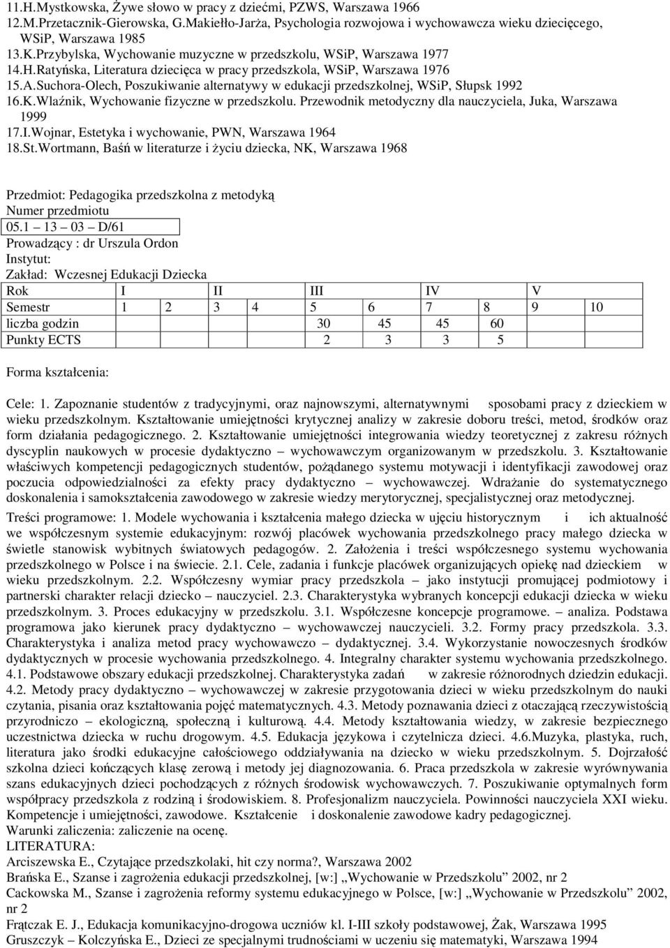 Suchora-Olech, Poszukiwanie alternatywy w edukacji przedszkolnej, WSiP, Słupsk 1992 16.K.Wlanik, Wychowanie fizyczne w przedszkolu. Przewodnik metodyczny dla nauczyciela, Juka, Warszawa 1999 17.I.