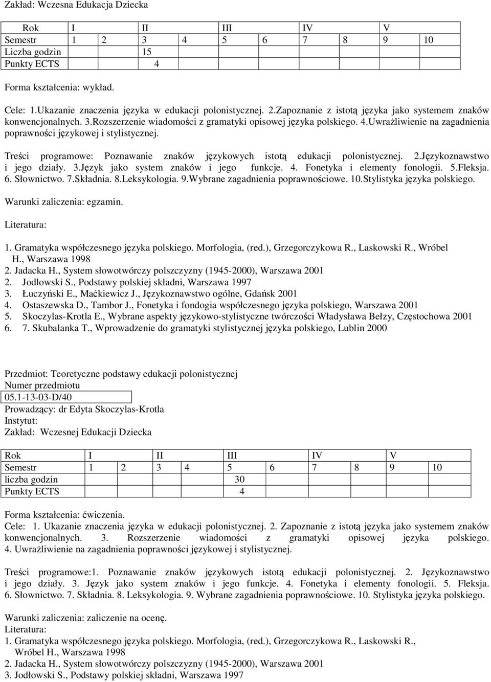 Treci programowe: Poznawanie znaków jzykowych istot edukacji polonistycznej. 2.Jzykoznawstwo i jego działy. 3.Jzyk jako system znaków i jego funkcje. 4. Fonetyka i elementy fonologii. 5.Fleksja. 6.