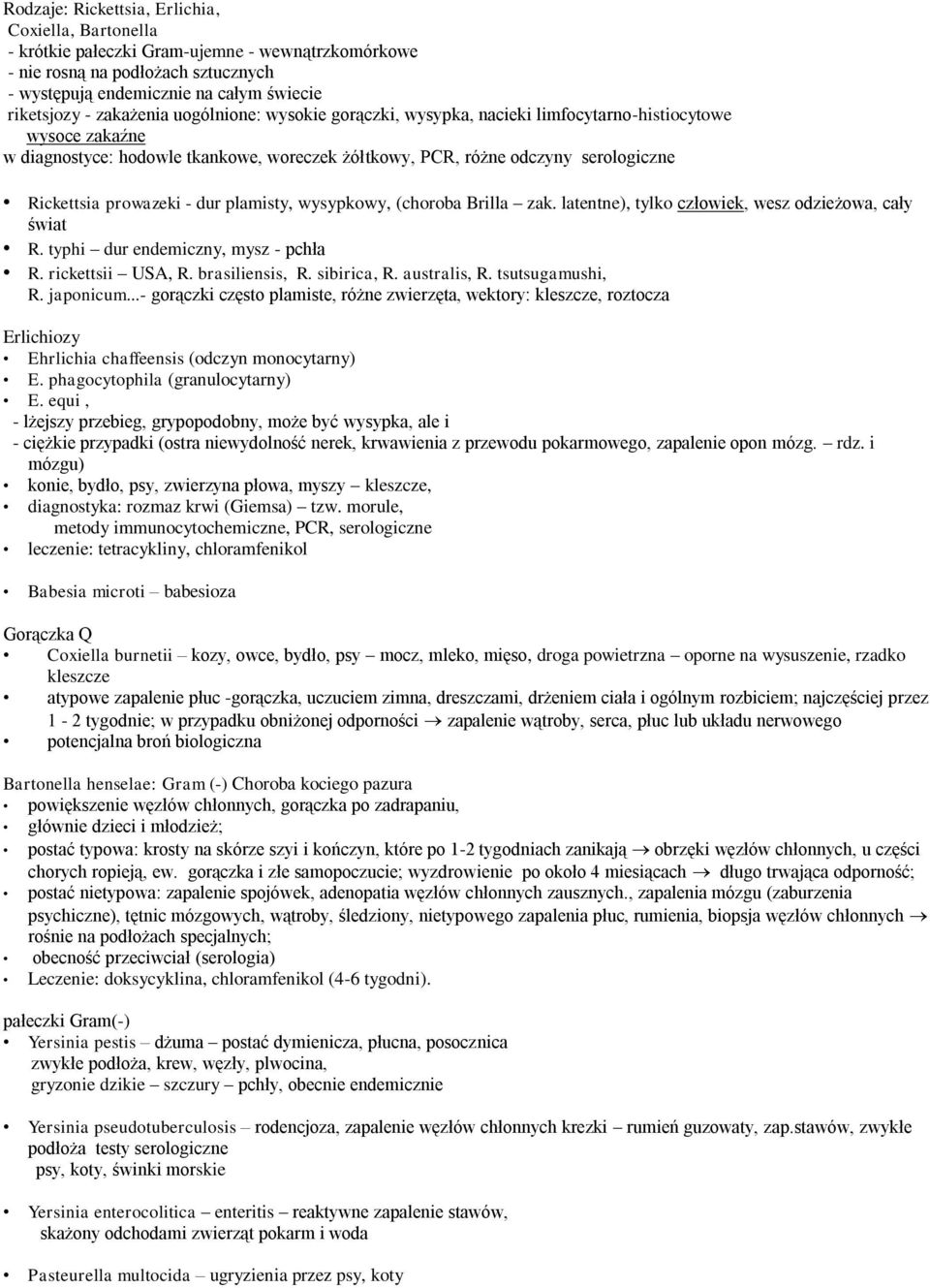 prowazeki - dur plamisty, wysypkowy, (choroba Brilla zak. latentne), tylko człowiek, wesz odzieżowa, cały świat R. typhi dur endemiczny, mysz - pchła R. rickettsii USA, R. brasiliensis, R.