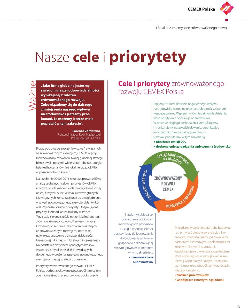 Lorenzo Zambrano, Przewodniczący Rady Nadzorczej i Prezes Zarządu CEMEX Biorąc pod uwagę znaczenie wyzwań związanych ze zrównoważonym rozwojem, CEMEX włączył zrównoważony rozwój do swojej globalnej