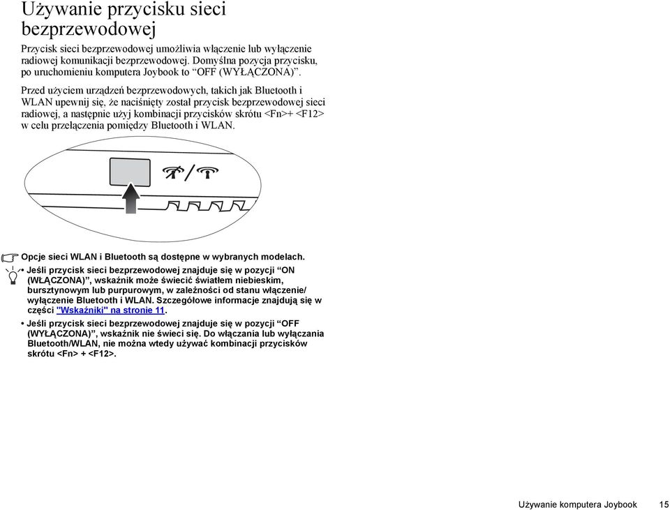 Przed użyciem urządzeń bezprzewodowych, takich jak Bluetooth i WLAN upewnij się, że naciśnięty został przycisk bezprzewodowej sieci radiowej, a następnie użyj kombinacji przycisków skrótu <Fn>+ <F12>