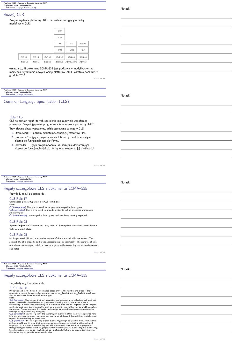 1 13/ 47 Common Language Specification Common Language Specification (CLS) Rola CLS CLS to zestaw reguł których spełnienia ma zapewnić współpracę pomiędzy różnymi językami programowania w ramach