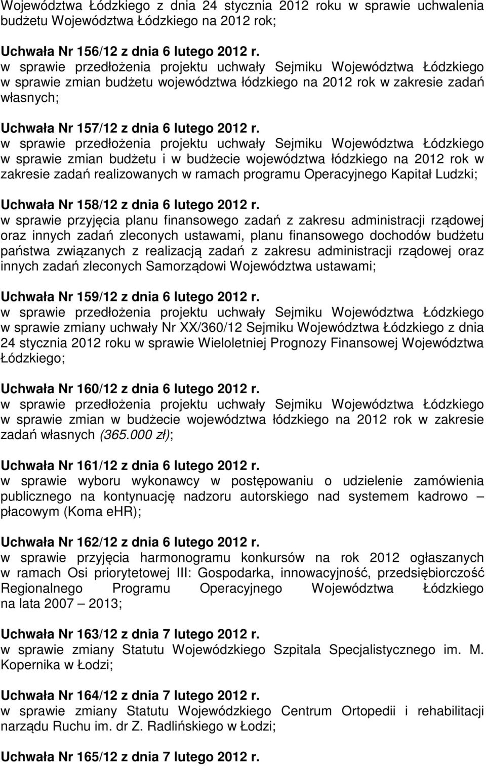 w sprawie zmian budżetu i w budżecie województwa łódzkiego na 2012 rok w zakresie zadań realizowanych w ramach programu Operacyjnego Kapitał Ludzki; Uchwała Nr 158/12 z dnia 6 lutego 2012 r.