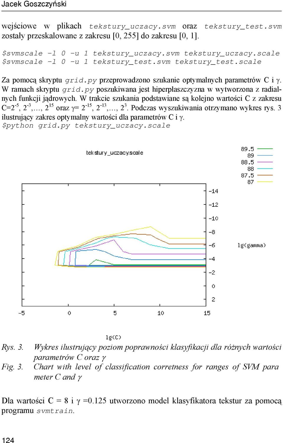 py poszukiwana jest hiperpłaszczyzna w wytworzona z radialnych funkcji jądrowych. W trakcie szukania podstawiane są kolejno wartości C z zakresu C=2-5, 2-3,, 2 15 oraz γ= 2-15, 2-13,, 2 3.