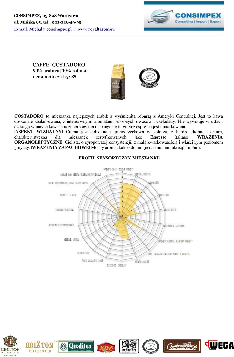 Nie wywołuje w ustach częstego w innych kawach uczucia ścigania (astringency); gorycz espresso jest umiarkowana.