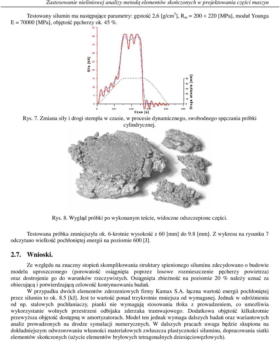 Wygld próbki po wykonanym tecie, widoczne odszczepione czci. Testowana próbka zmniejszyła ok. 6-krotnie wysoko z 60 [mm] do 9.8 [mm].