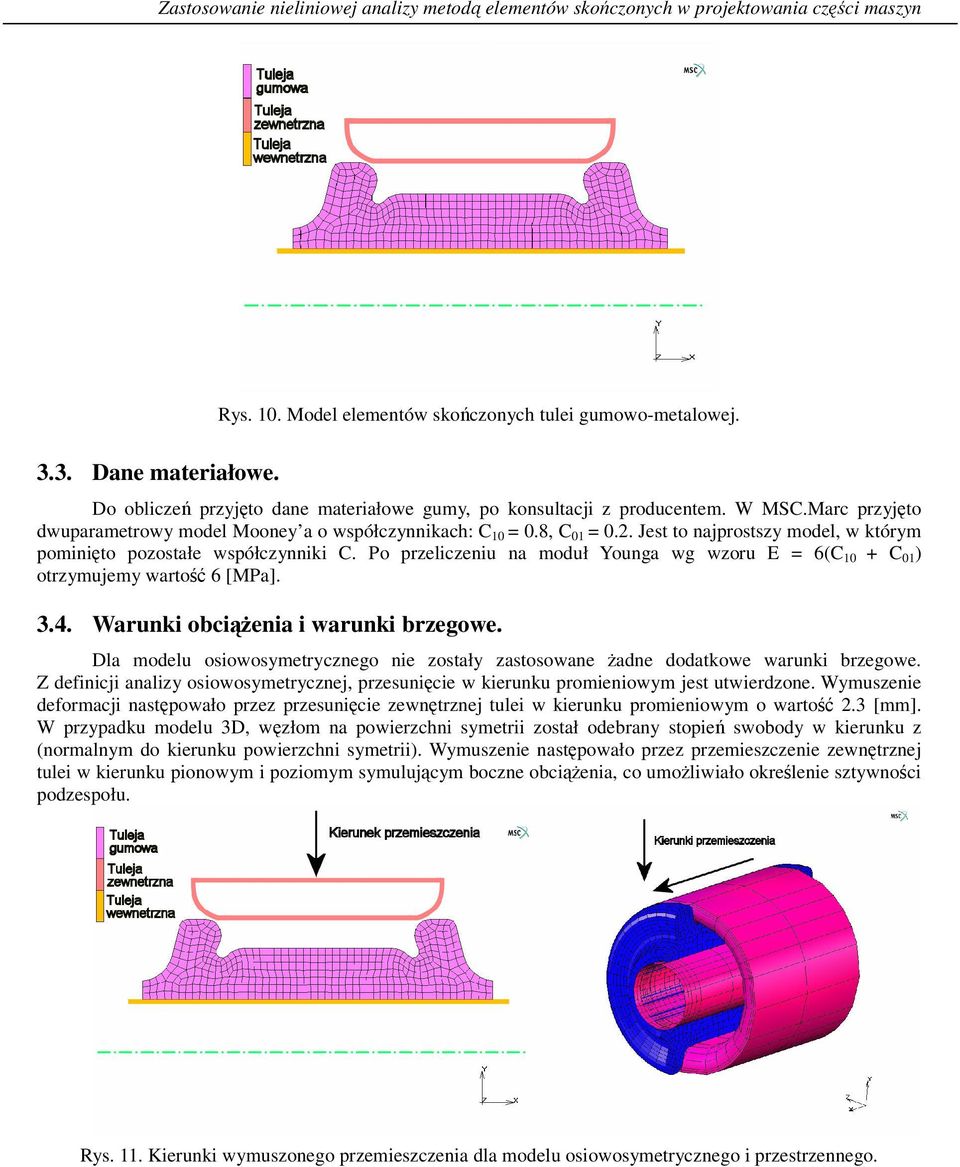 Jest to najprostszy model, w którym pominito pozostałe współczynniki C. Po przeliczeniu na moduł Younga wg wzoru E = 6(C 10 + C 01 ) otrzymujemy warto 6 [MPa]. 3.4.