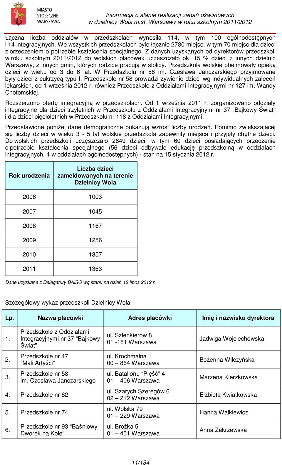 Z danych uzyskanych od dyrektorów przedszkoli w roku szkolnym 2011/2012 do wolskich placówek uczęszczało ok. 15 % dzieci z innych dzielnic Warszawy, z innych gmin, których rodzice pracują w stolicy.