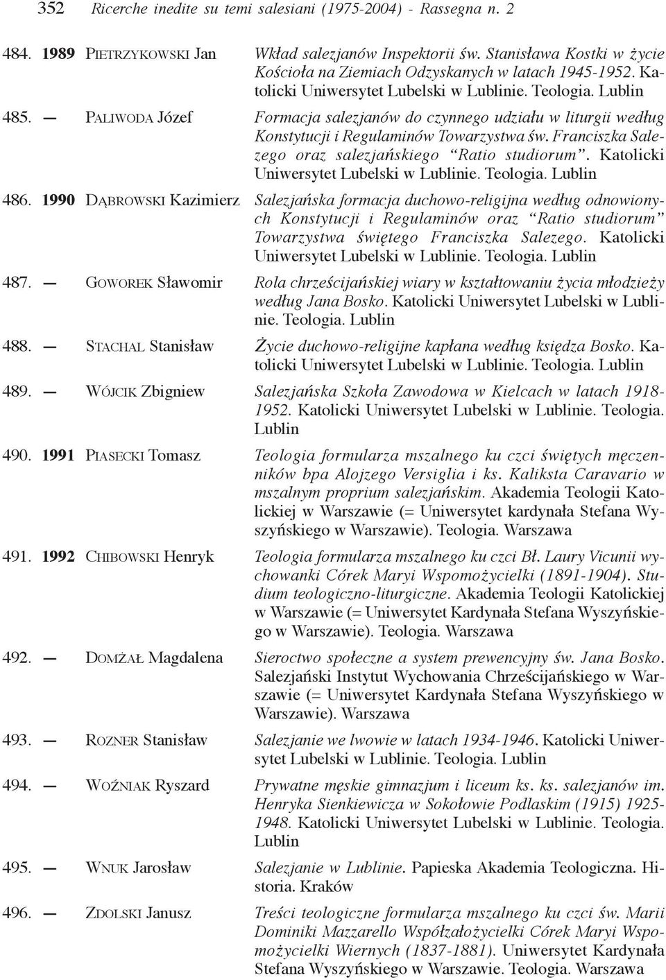 PALIWODA Józef Formacja salezjanów do czynnego udziału w liturgii według Konstytucji i Regulaminów Towarzystwa św. Franciszka Salezego oraz salezjańskiego Ratio studiorum.