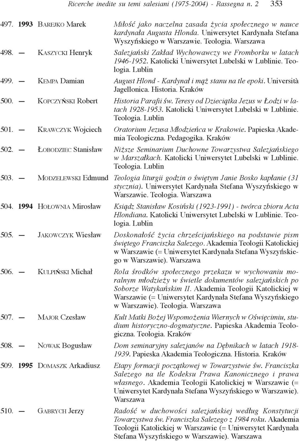 Katolicki Uniwersytet Lubelski w Lublinie. Teologia. Lublin 499. KEMPA Damian August Hlond - Kardynał i mąż stanu na tle epoki. Università Jagellonica. Historia. Kraków 500.