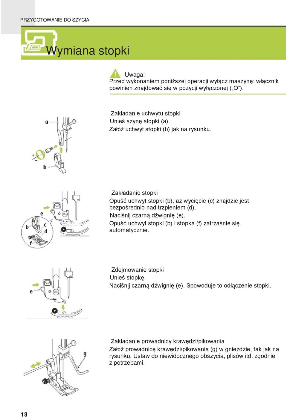 Zakładanie stopki Opuść uchwyt stopki (b), aż wycięcie (c) znajdzie jest bezpośrednio nad trzpieniem (d). Naciśnij czarną dźwignię (e).