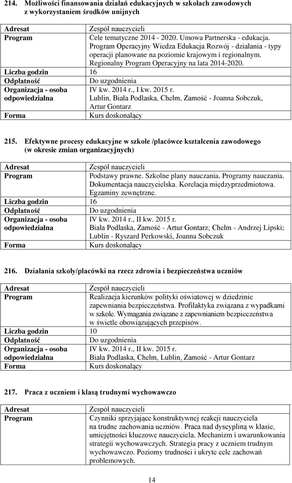 Liczba godzin 16 Do uzgodnienia Organizacja - osoba IV kw. 2014 r., I kw. 2015 r. Lublin, Biała Podlaska, Chełm, Zamość - Joanna Sobczuk, Artur Gontarz 215.