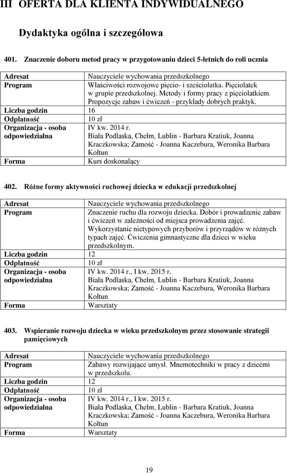 Metody i formy pracy z pięciolatkiem. Propozycje zabaw i ćwiczeń - przykłady dobrych praktyk. Liczba godzin 16 Organizacja - osoba IV kw. 2014 r.