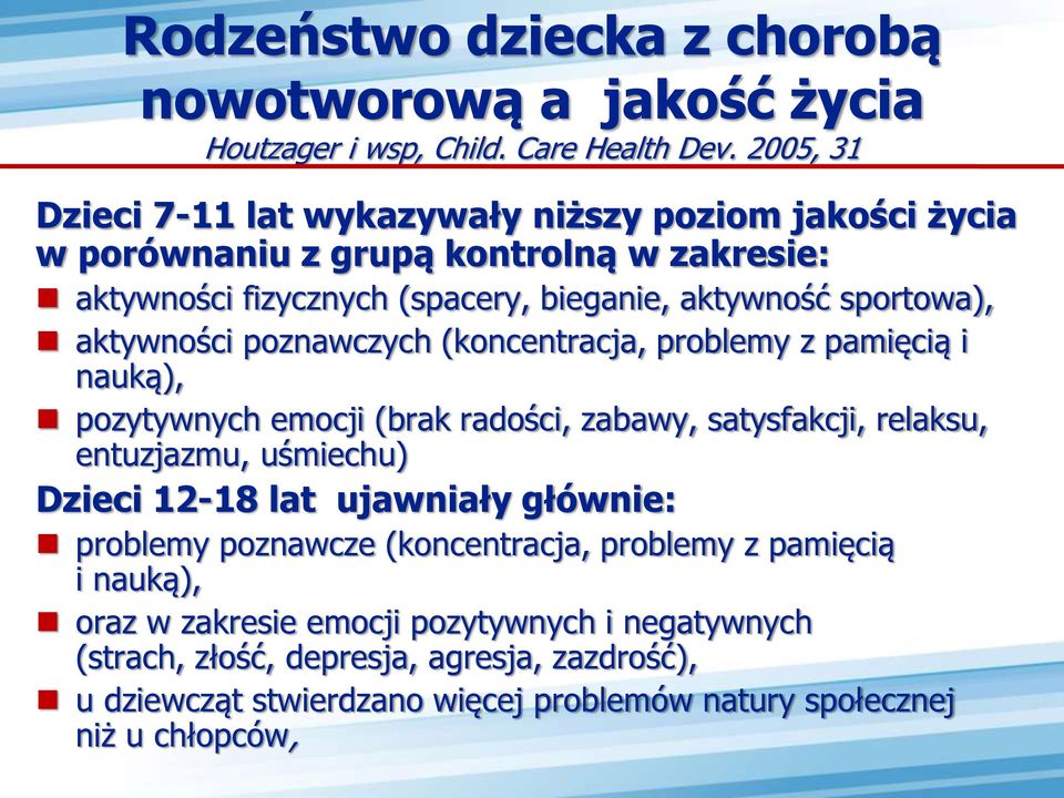 aktywności poznawczych (koncentracja, problemy z pamięcią i nauką), pozytywnych emocji (brak radości, zabawy, satysfakcji, relaksu, entuzjazmu, uśmiechu) Dzieci 12-18 lat