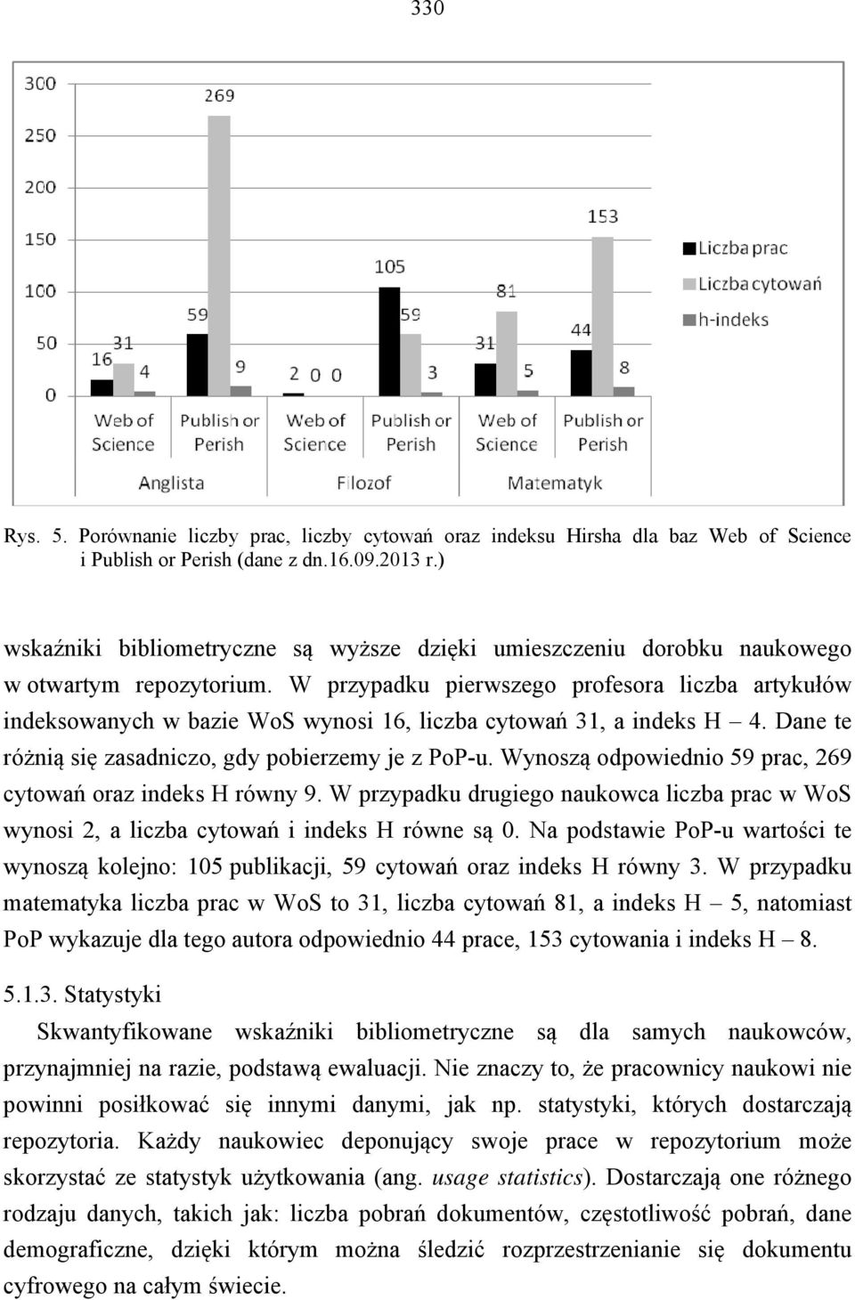 W przypadku pierwszego profesora liczba artykułów indeksowanych w bazie WoS wynosi 16, liczba cytowań 31, a indeks H 4. Dane te różnią się zasadniczo, gdy pobierzemy je z PoP-u.