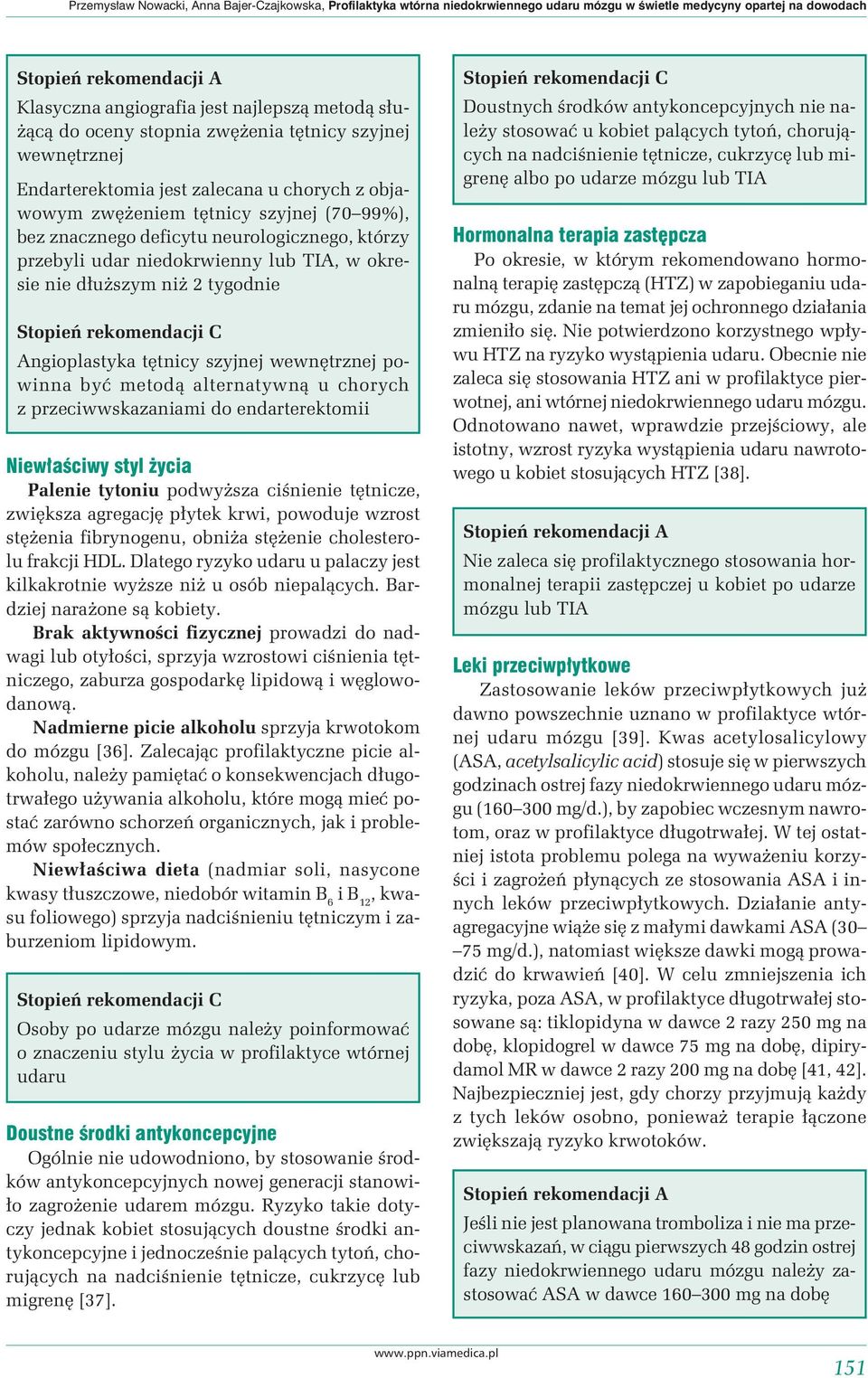 lub TIA, w okresie nie dłuższym niż 2 tygodnie Angioplastyka tętnicy szyjnej wewnętrznej powinna być metodą alternatywną u chorych z przeciwwskazaniami do endarterektomii Niewłaściwy styl życia