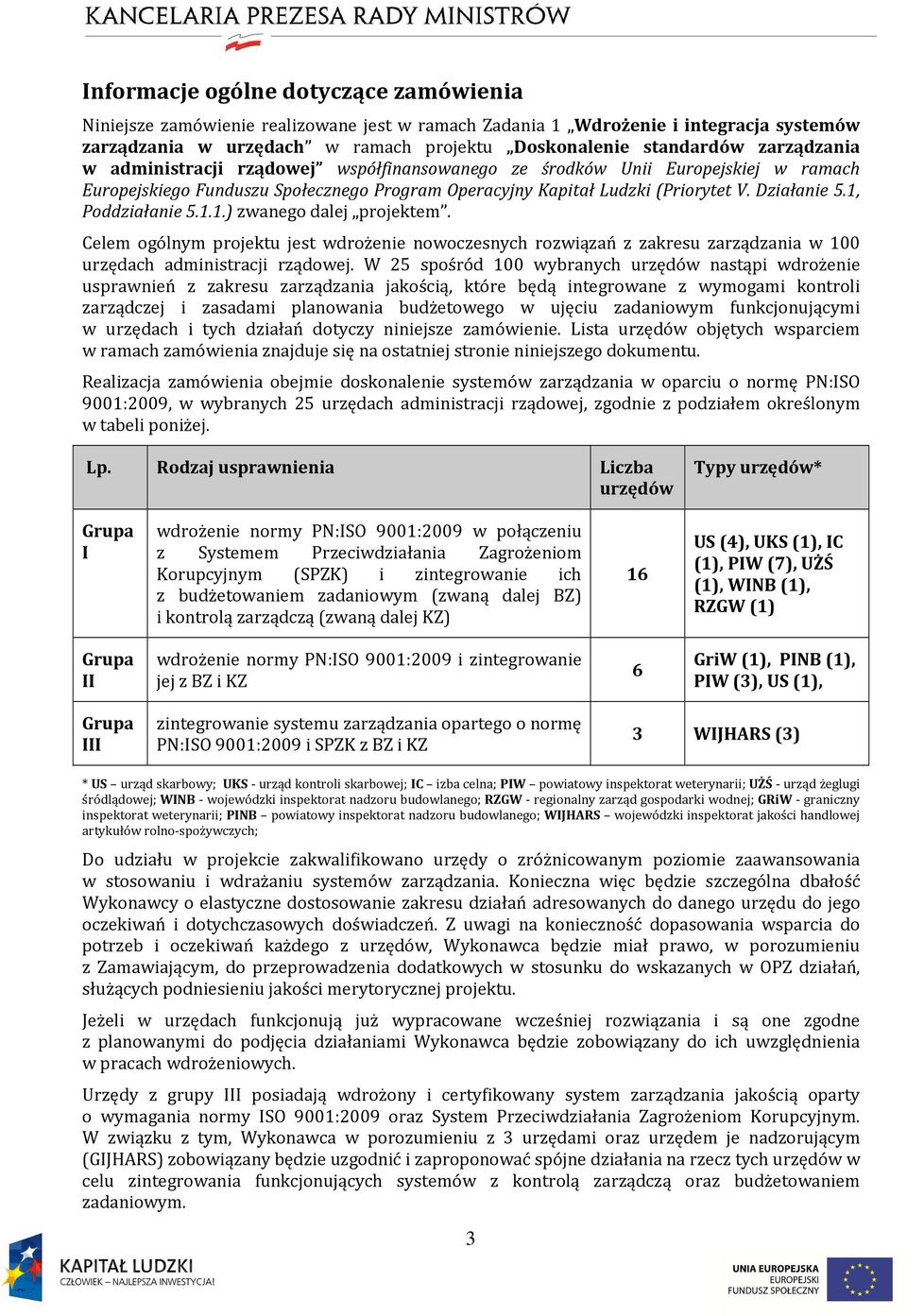 1, Poddziałanie 5.1.1.) zwanego dalej projektem. Celem ogólnym projektu jest wdrożenie nowoczesnych rozwiązań z zakresu zarządzania w 100 urzędach administracji rządowej.