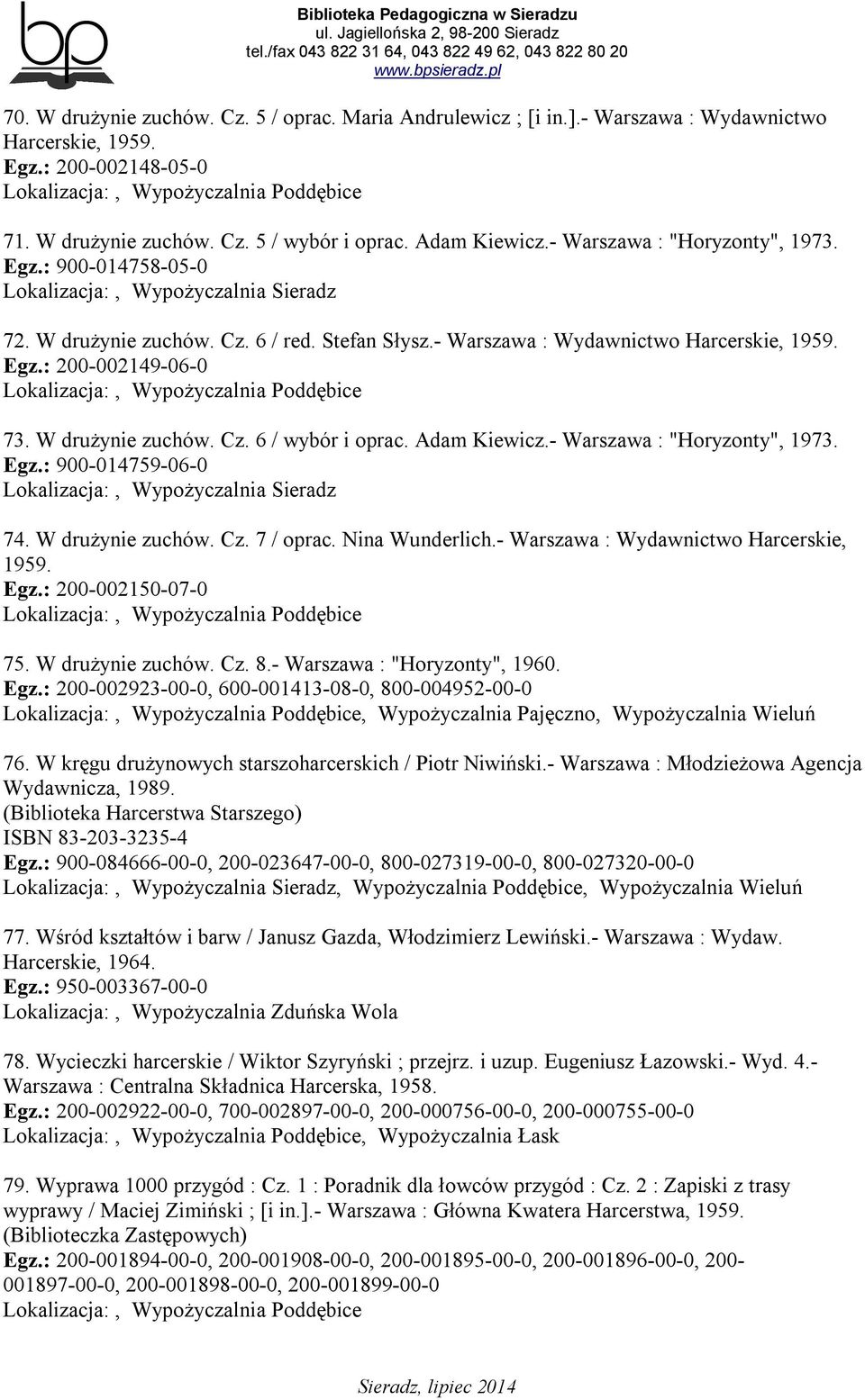 Adam Kiewicz.- Warszawa : "Horyzonty", 1973. Egz.: 900-014759-06-0 74. W drużynie zuchów. Cz. 7 / oprac. Nina Wunderlich.- Warszawa : Wydawnictwo Harcerskie, 1959. Egz.: 200-002150-07-0 75.