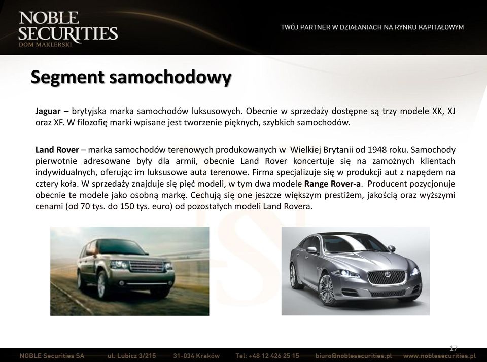 Samochody pierwotnie adresowane były dla armii, obecnie Land Rover koncertuje się na zamożnych klientach indywidualnych, oferując im luksusowe auta terenowe.