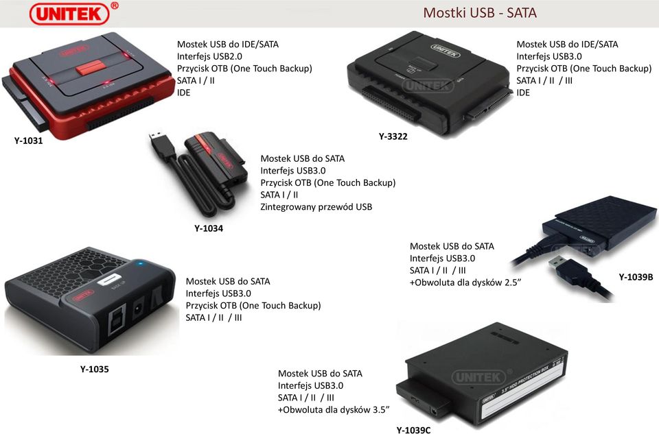 0 Przycisk OTB (One Touch Backup) SATA I / II Zintegrowany przewód USB Y-1034 Mostek USB do SATA Interfejs USB3.