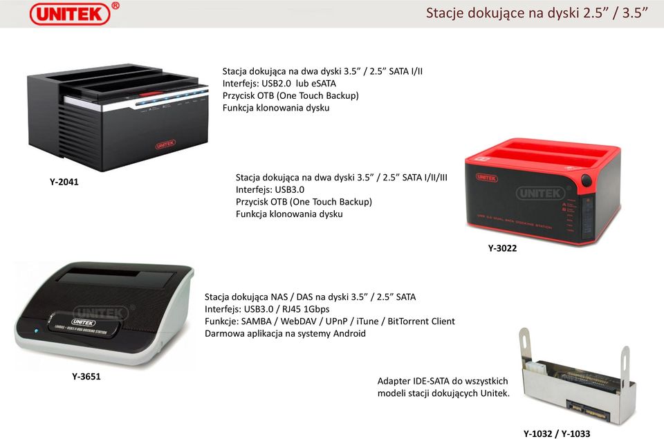 5 SATA I/II/III Interfejs: USB3.0 Przycisk OTB (One Touch Backup) Funkcja klonowania dysku Y-3022 Stacja dokująca NAS / DAS na dyski 3.5 / 2.