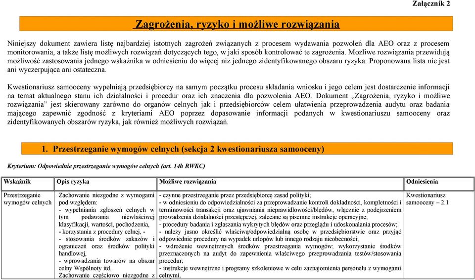 Możliwe rozwiązania przewidują możliwość zastosowania jednego wskaźnika w odniesieniu do więcej niż jednego zidentyfikowanego obszaru ryzyka.