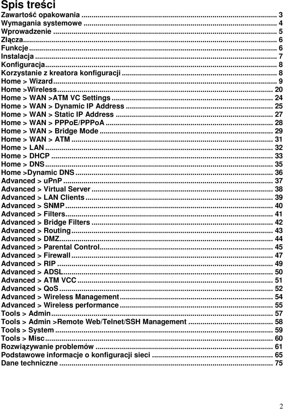 .. 29 Home > WAN > ATM... 31 Home > LAN... 32 Home > DHCP... 33 Home > DNS... 35 Home >Dynamic DNS... 36 Advanced > upnp... 37 Advanced > Virtual Server... 38 Advanced > LAN Clients.