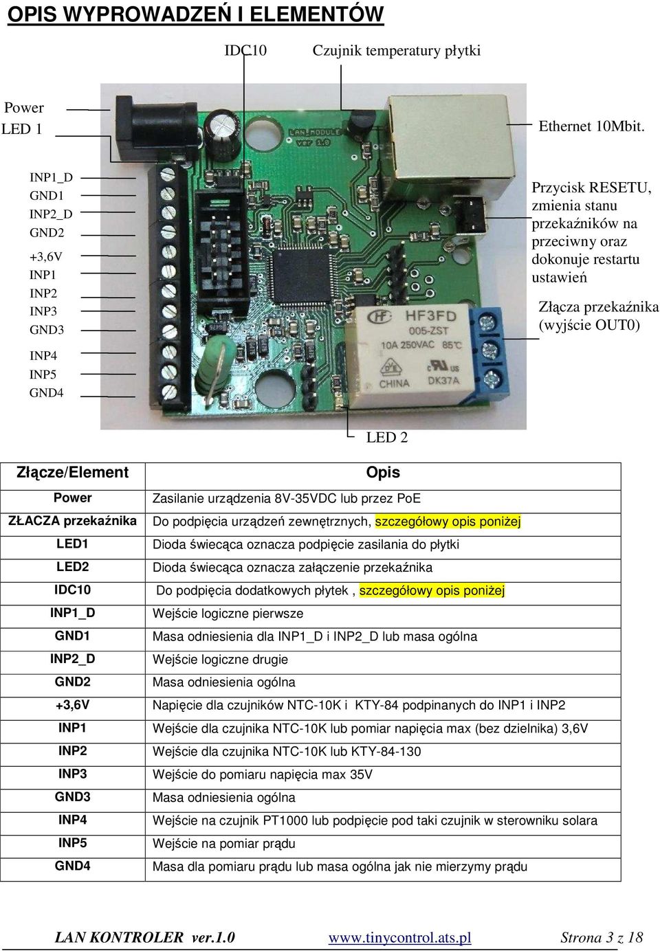 Złącze/Element Opis Power Zasilanie urządzenia 8V-35VDC lub przez PoE ZŁACZA przekaźnika Do podpięcia urządzeń zewnętrznych, szczegółowy opis poniżej LED1 Dioda świecąca oznacza podpięcie zasilania