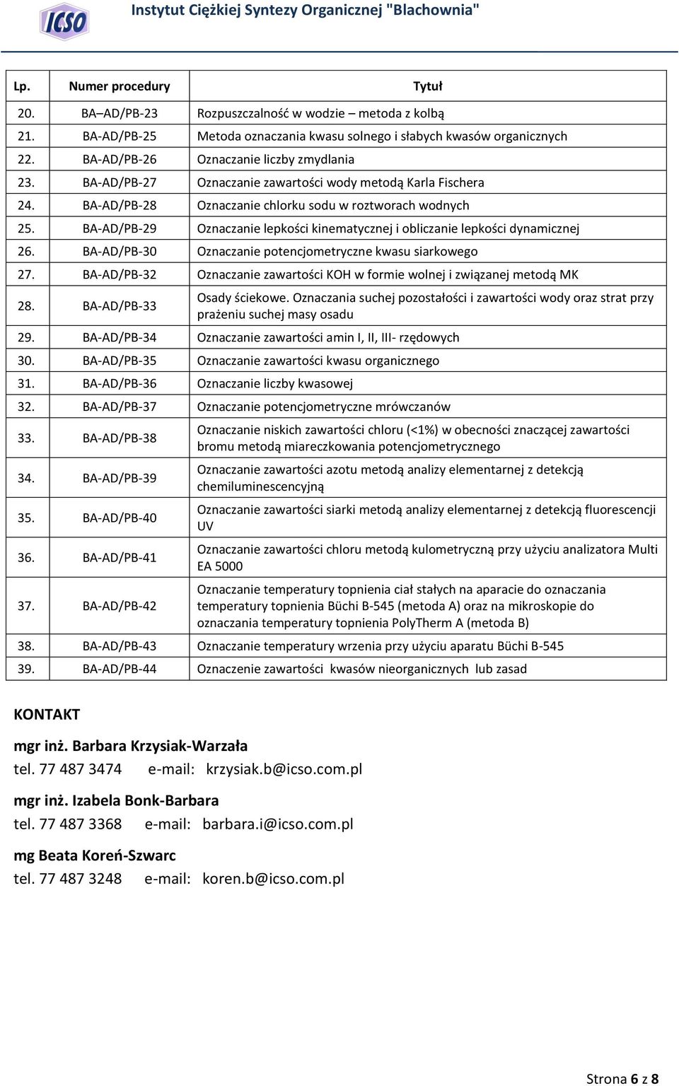 BA-AD/PB-29 Oznaczanie lepkości kinematycznej i obliczanie lepkości dynamicznej 26. BA-AD/PB-30 Oznaczanie potencjometryczne kwasu siarkowego 27.