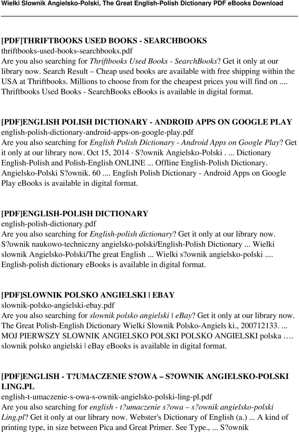 .. Thriftbooks Used Books - SearchBooks ebooks is [PDF]ENGLISH POLISH DICTIONARY - ANDROID APPS ON GOOGLE PLAY english-polish-dictionary-android-apps-on-google-play.