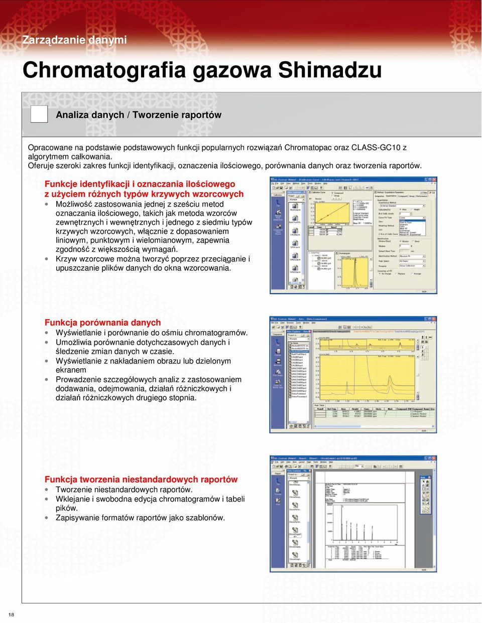 Funkcje identyfikacji i oznaczania ilościowego z użyciem różnych typów krzywych wzorcowych Możliwość zastosowania jednej z sześciu metod oznaczania ilościowego, takich jak metoda wzorców zewnętrznych