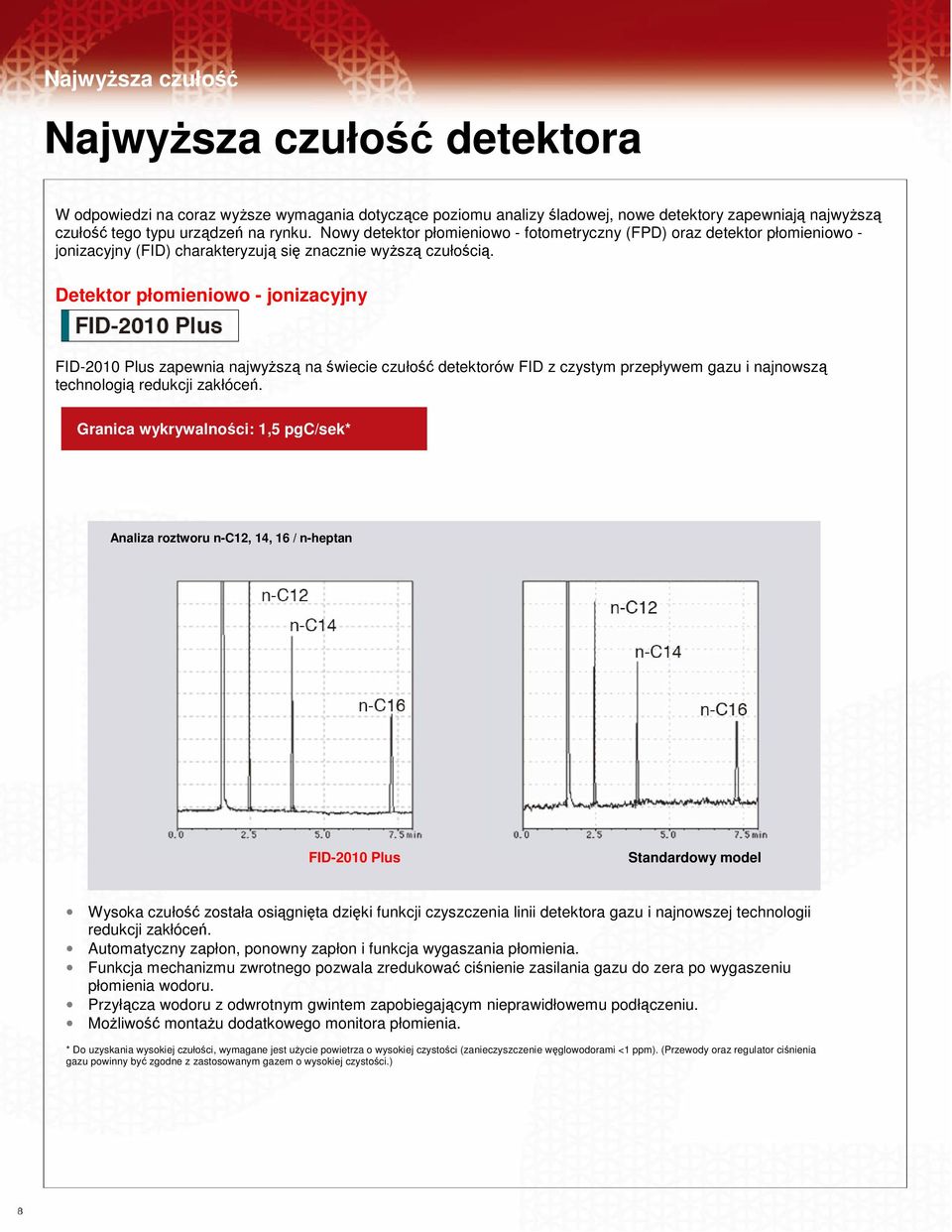 Detektor płomieniowo - jonizacyjny FID-2010 Plus zapewnia najwyższą na świecie czułość detektorów FID z czystym przepływem gazu i najnowszą technologią redukcji zakłóceń.