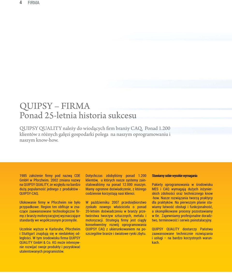 2002 zmiana nazwy na QUIPSY QUALITY, ze względu na bardzo dużą popularność jednego z produktów - QUIPSY-CAQ. Ulokowanie fi rmy w Pforzheim nie było przypadkowe.