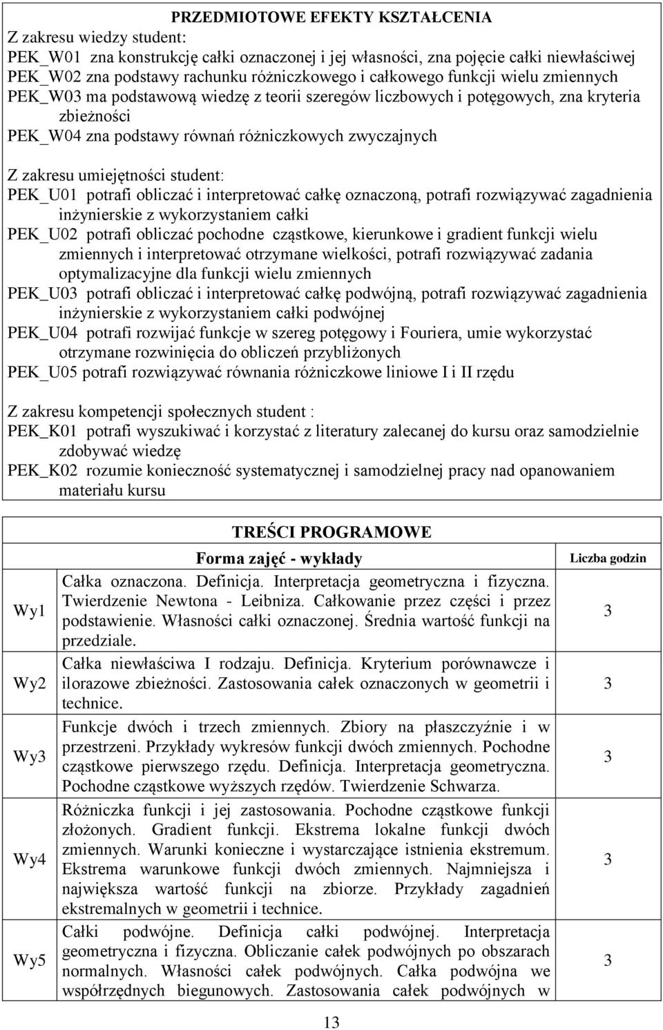 umiejętności student: PEK_U01 potrafi obliczać i interpretować całkę oznaczoną, potrafi rozwiązywać zagadnienia inżynierskie z wykorzystaniem całki PEK_U0 potrafi obliczać pochodne cząstkowe,