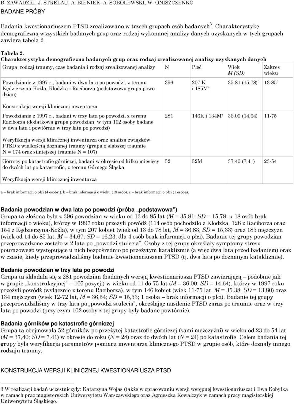 Charakterystyka demograficzna badanych grup oraz rodzaj zrealizowanej analizy uzyskanych danych Grupa: rodzaj traumy, czas badania i rodzaj zrealizowanej analizy N Płeć Wiek M (SD) Powodzianie z 1997