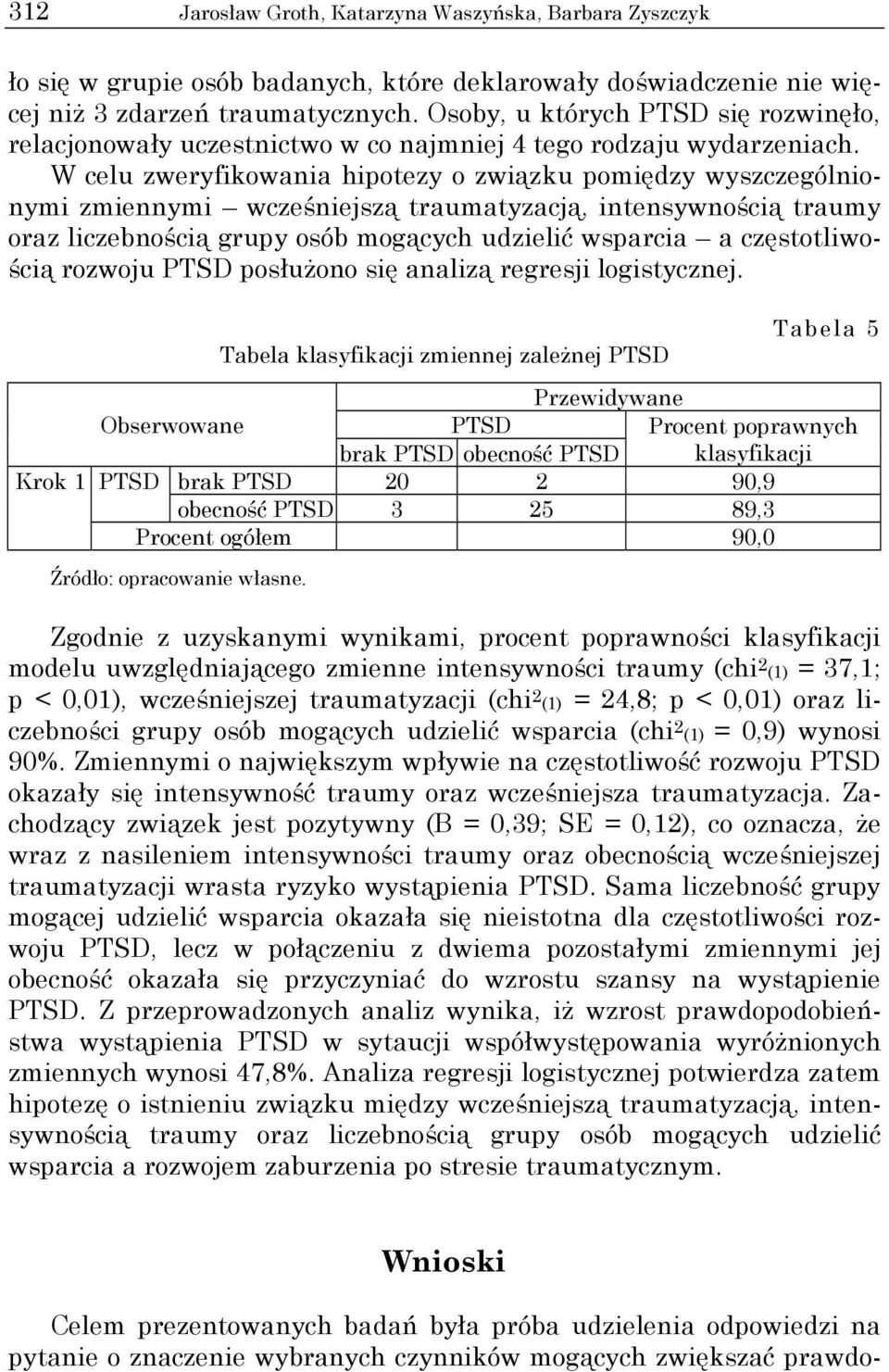 W celu zweryfikowania hipotezy o związku pomiędzy wyszczególnionymi zmiennymi wcześniejszą traumatyzacją, intensywnością traumy oraz liczebnością grupy osób mogących udzielić wsparcia a